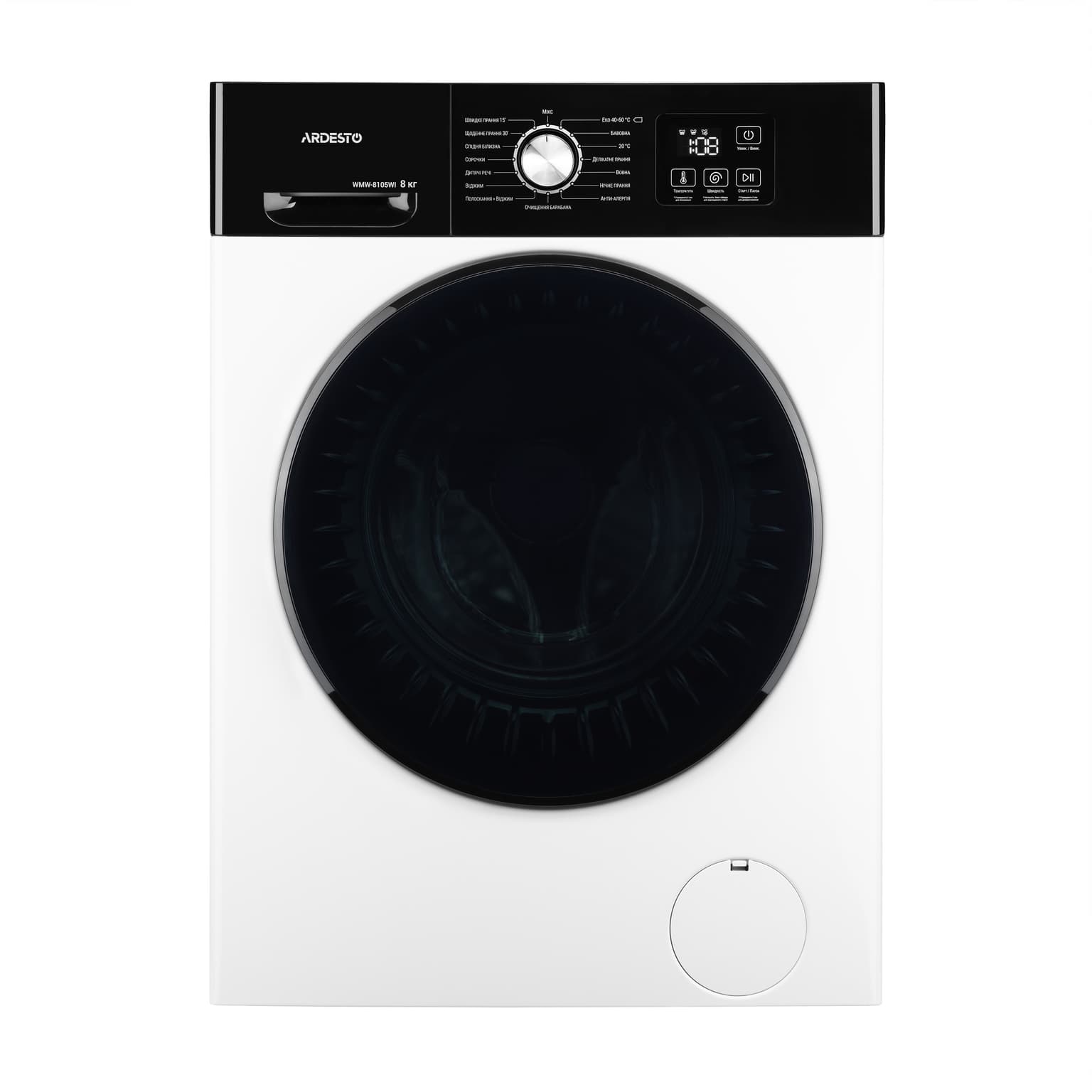 Ardesto Washing machine front load Black Mars, 8kg, 1200, A, 55.5cm, display, inverter, white
