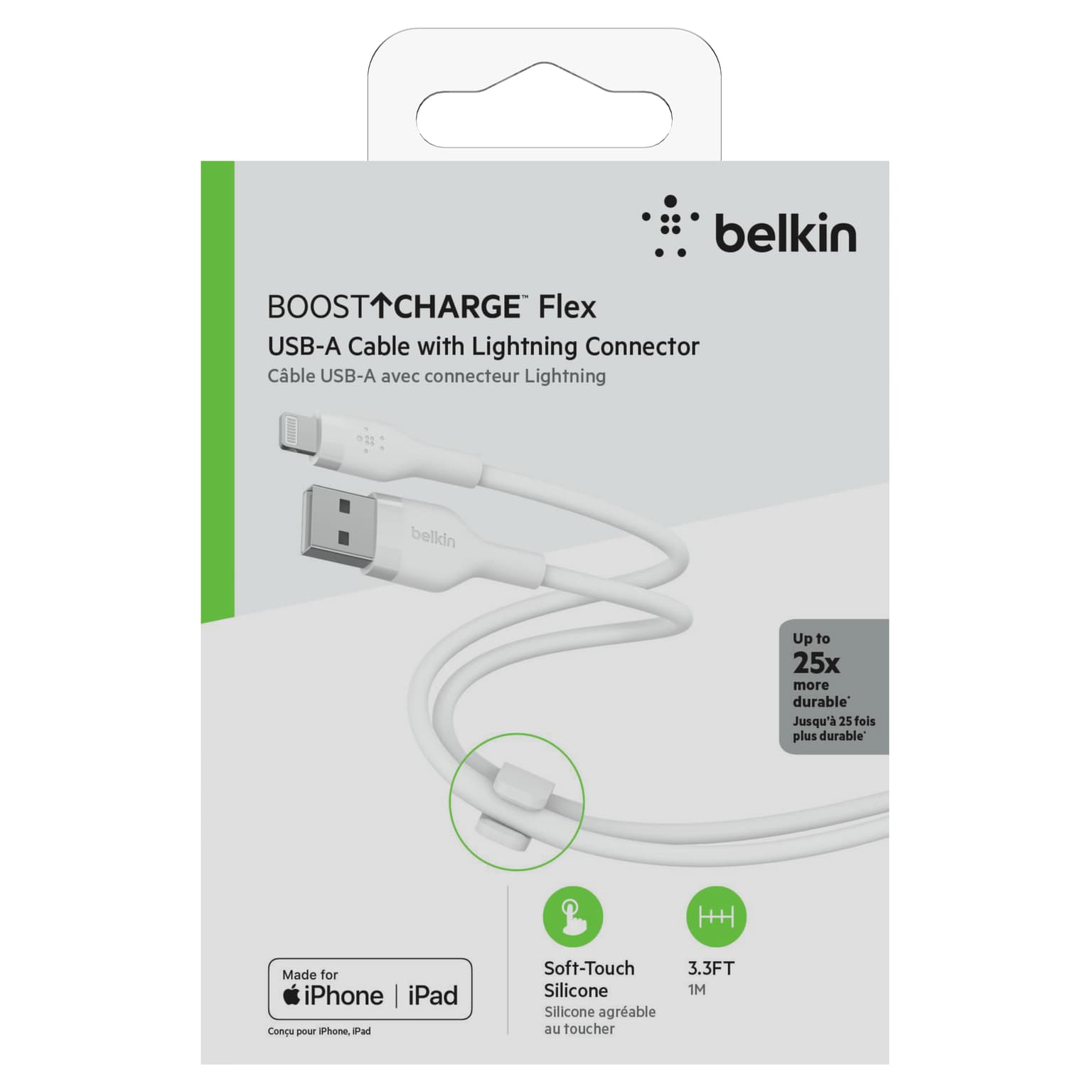 Belkin cable USB-A > Lightning charge/data, 1m, SILICONE, with clip, white - 3