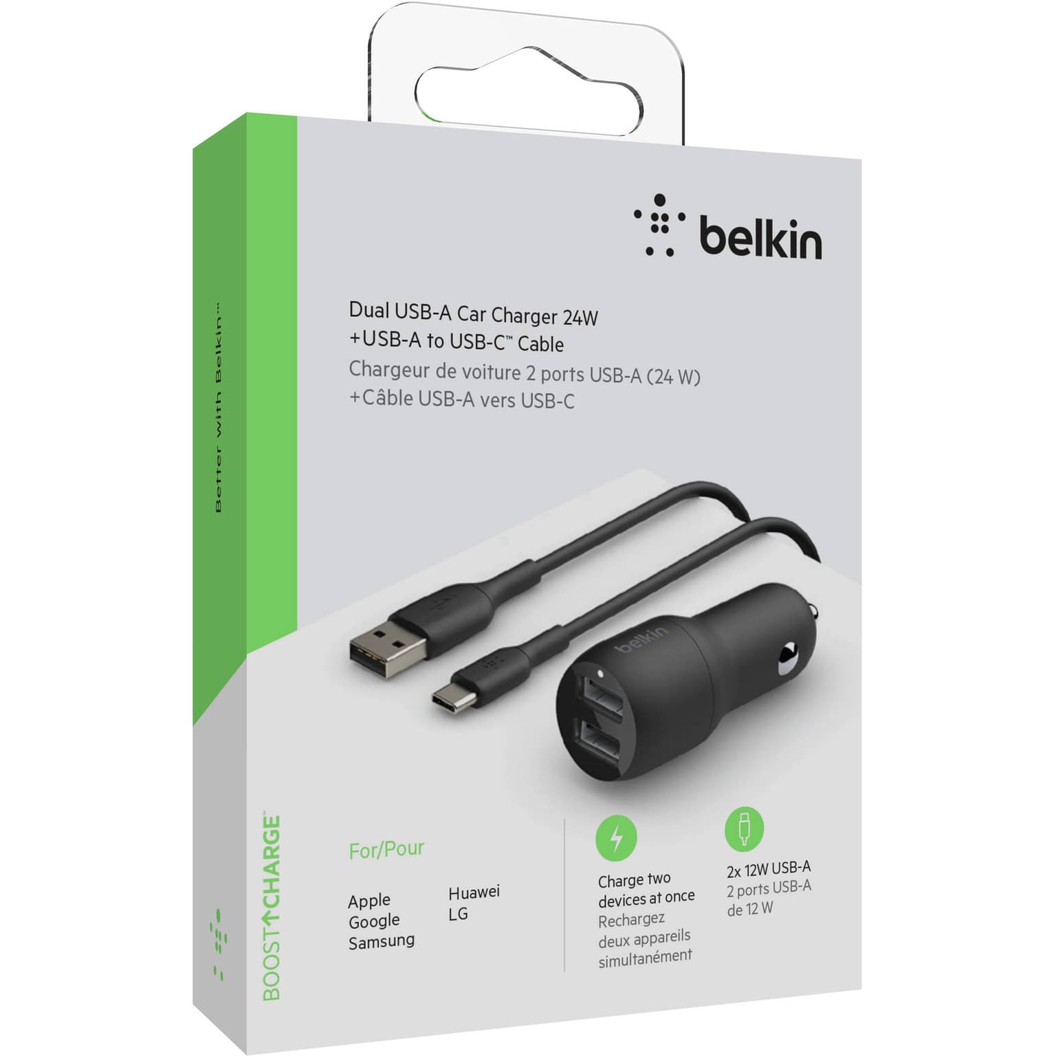 Belkin Car Charger 24W 2xUSB-A, cable USB-A > USB-C 1m, black - 5
