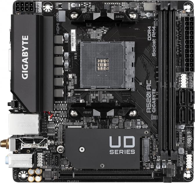 Gigabyte Motherboard A520I AC sAM4 A520 2xDDR4 M.2 HDMI DP Wi-Fi BT mITX