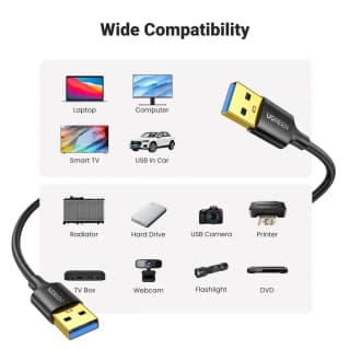 UGREEN US128, USB-A 3.0 Male To Male Cable, 2m, Black — 2