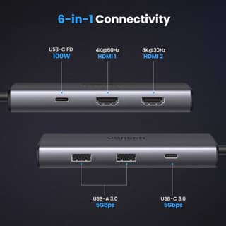 UGREEN CM498 Revodok 206, 2xHDMI, USB, Type-C, HUB, Grey — 5