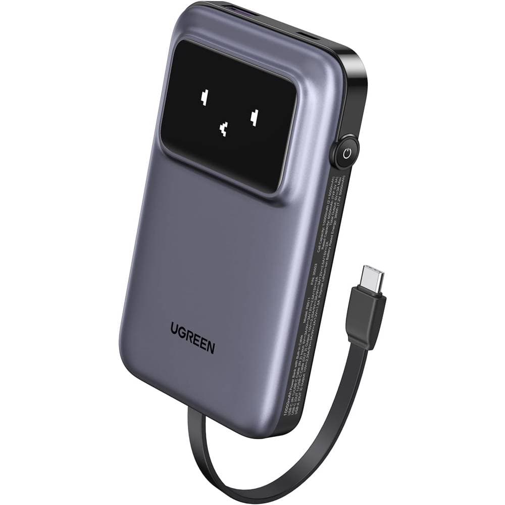 UGREEN PB511 Uno, 10000mAh 30W, USB, Type-C, Power Bank With Built In Cable, Grey