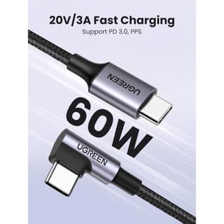 UGREEN US255, 60W, Type-C to Angled Type-C Round, 1m, Grey — 5