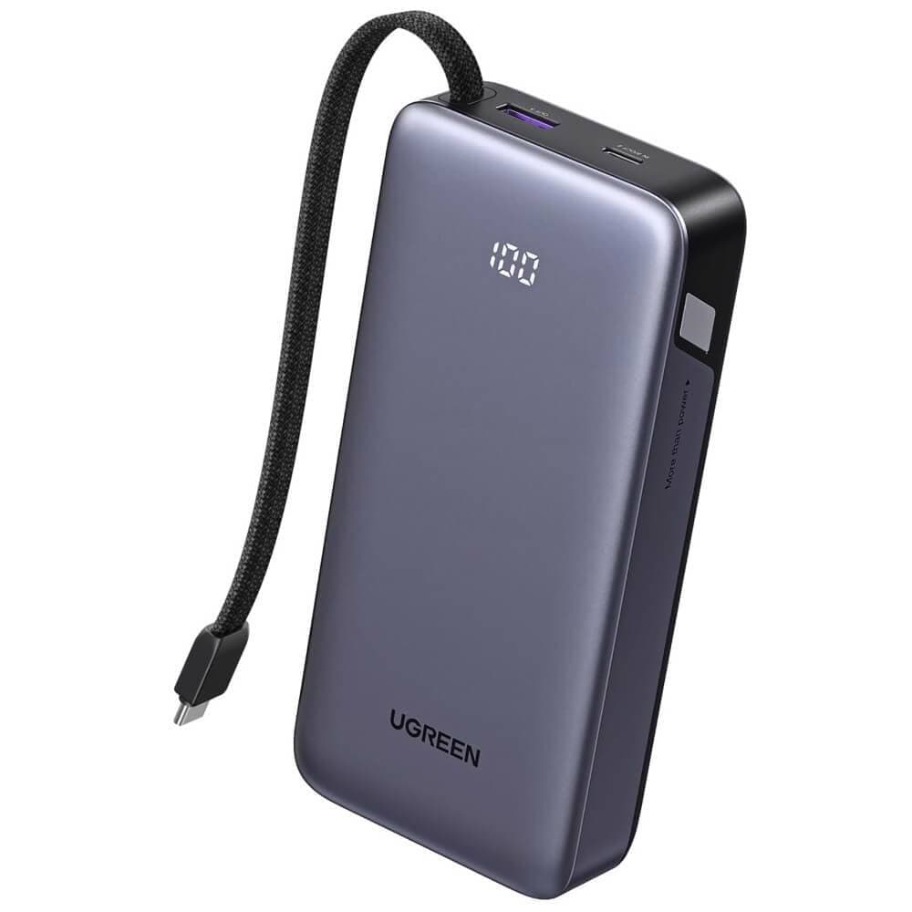 UGREEN PB536, 20000mAh, Type-C, USB, Power Bank With Built-in Cable, Grey
