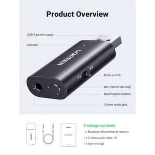 UGREEN CM523, USB 2.0 to 3.5mm Bluetooth Transmitter/Receiver Adapter, Black — 3