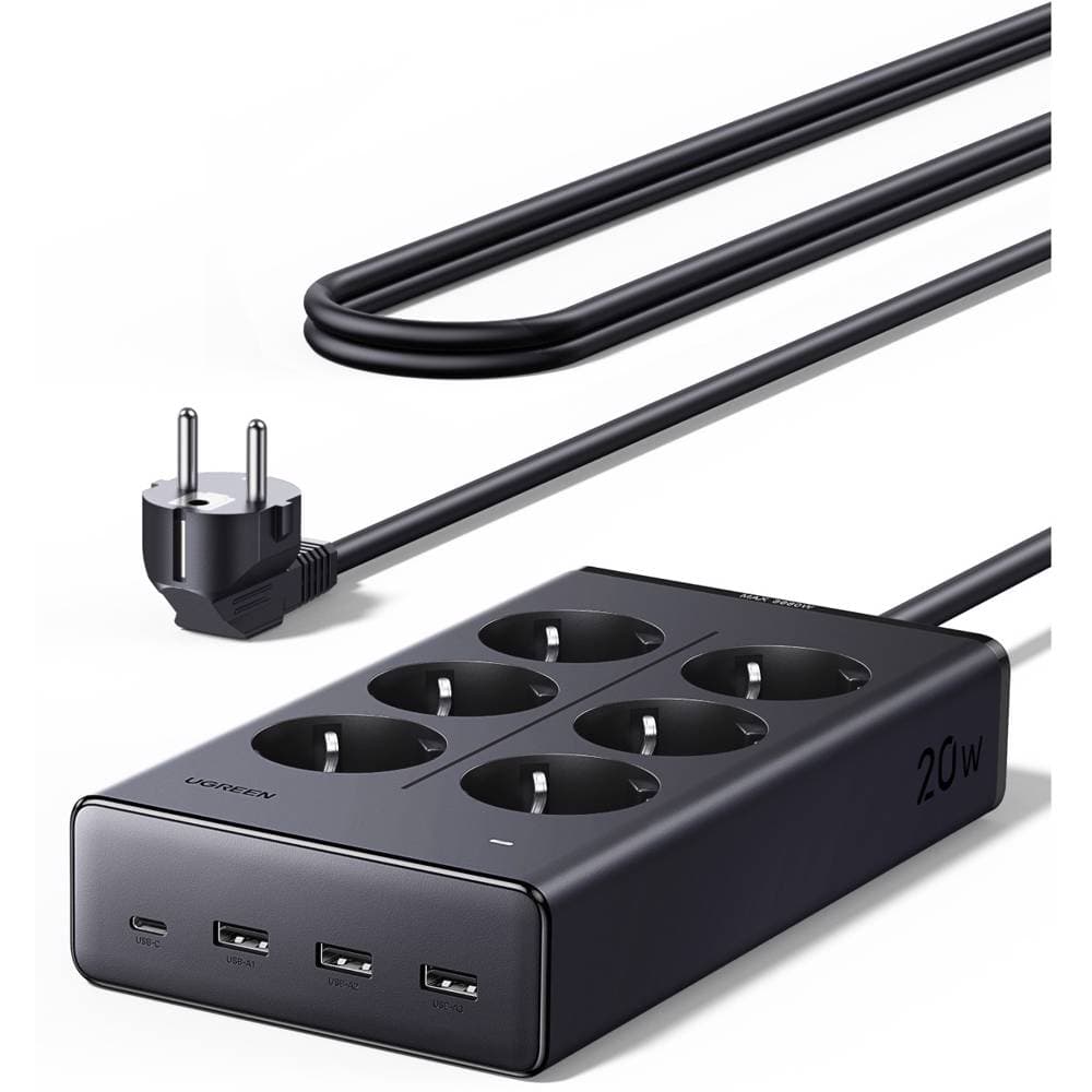 UGREEN S622, 6 Socket, USB, Type-C, 1.5m, Black