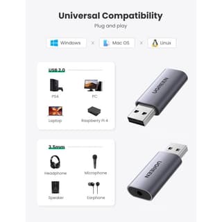 UGREEN CM383 2-in-1 USB External Sound Card, Gray — 2