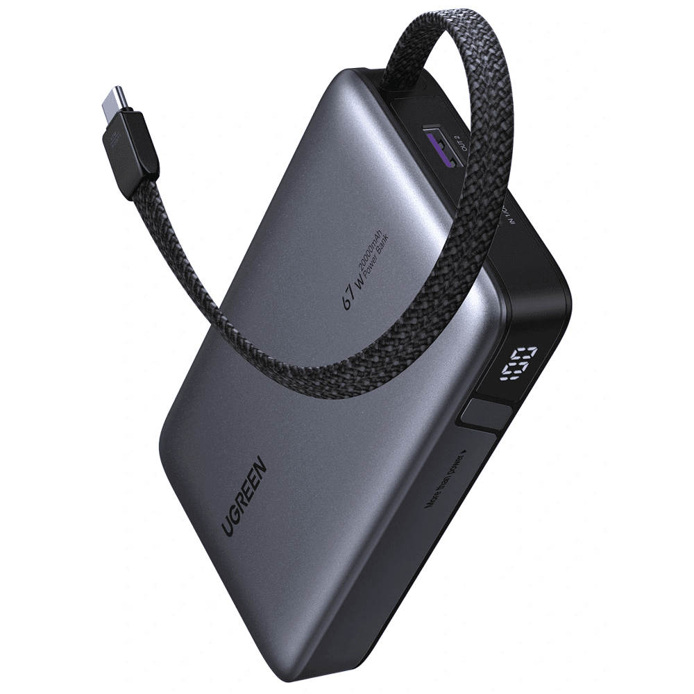UGREEN PB550 Nexode, 20000mAh, Type-C, USB, Power Bank with Built-in Cable, Grey