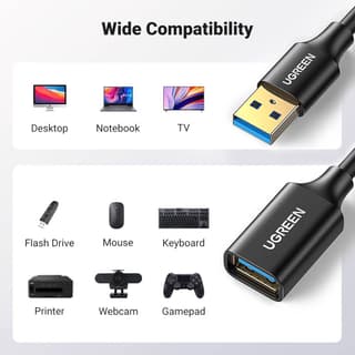UGREEN US129, USB 3.0 Male to USB Female, Extension Male Cable, 5m, Black — 2
