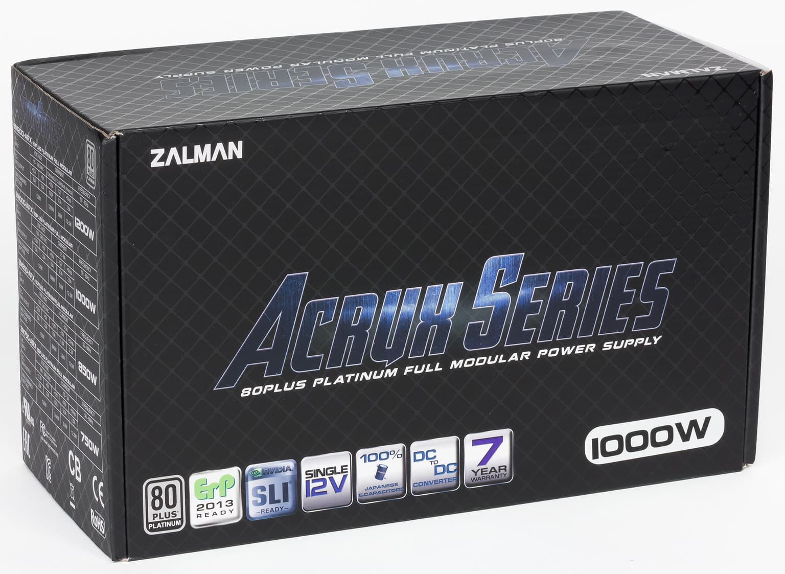 Zalman PSU Acrux (1000W), 94%, 80+ Platinum, 135mm, 1xMB 24pin(20+4), 2xCPU (8pin(4+4)+8pin), 8xMolex, 12xSATA, 6xPCIe 8pin(6+2), Fully Modular - 5