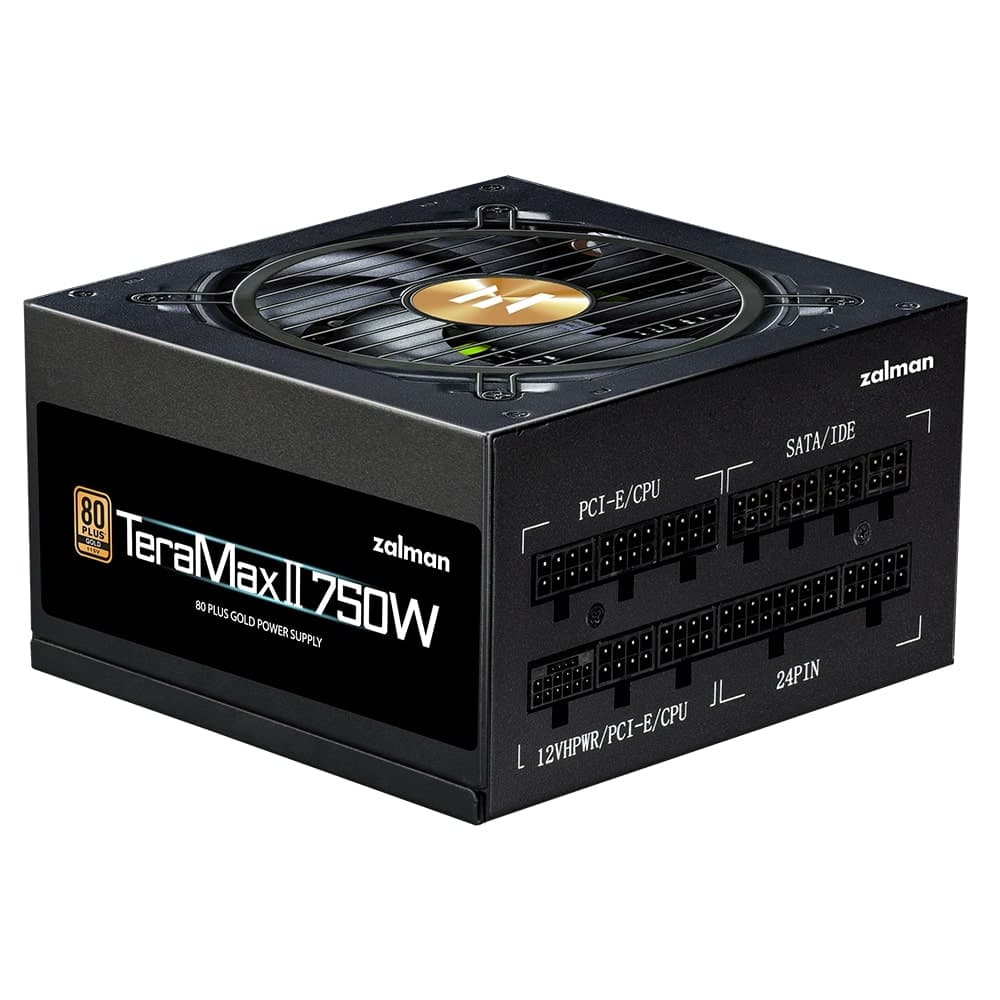 Zalman PSU Teramax 2 (750W), >90%, 80+ Gold, 120mm, 1xMB 28pin (18+10), 2xCPU 8pin(4+4), 3xMolex, 8xSATA, 3xPCIe 8pin(6+2), 1xPCIe GEN5 16pin, Fully Modular