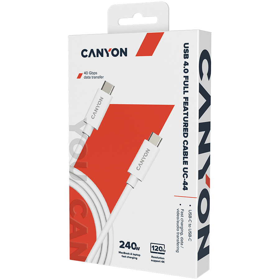 CANYON UC-44, cable, U4-CC-5A1M-E, USB4 TYPE-C to TYPE-C cable assembly 40G 1m 5A 240W(ERP) with E-MARK, CE, ROHS, white
