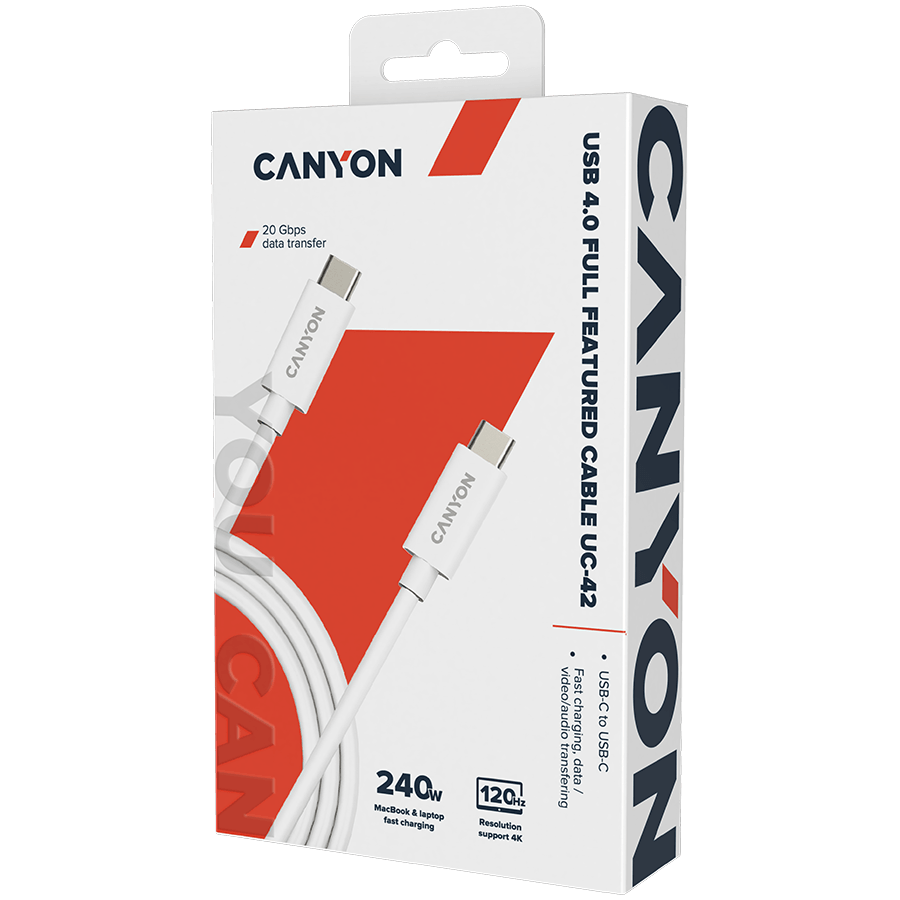 CANYON UC-42, cable, U4-CC-5A2M-E, USB4 TYPE-C to TYPE-C cable assembly 20G 2m 5A 240W(ERP) with E-MARK, CE, ROHS, white