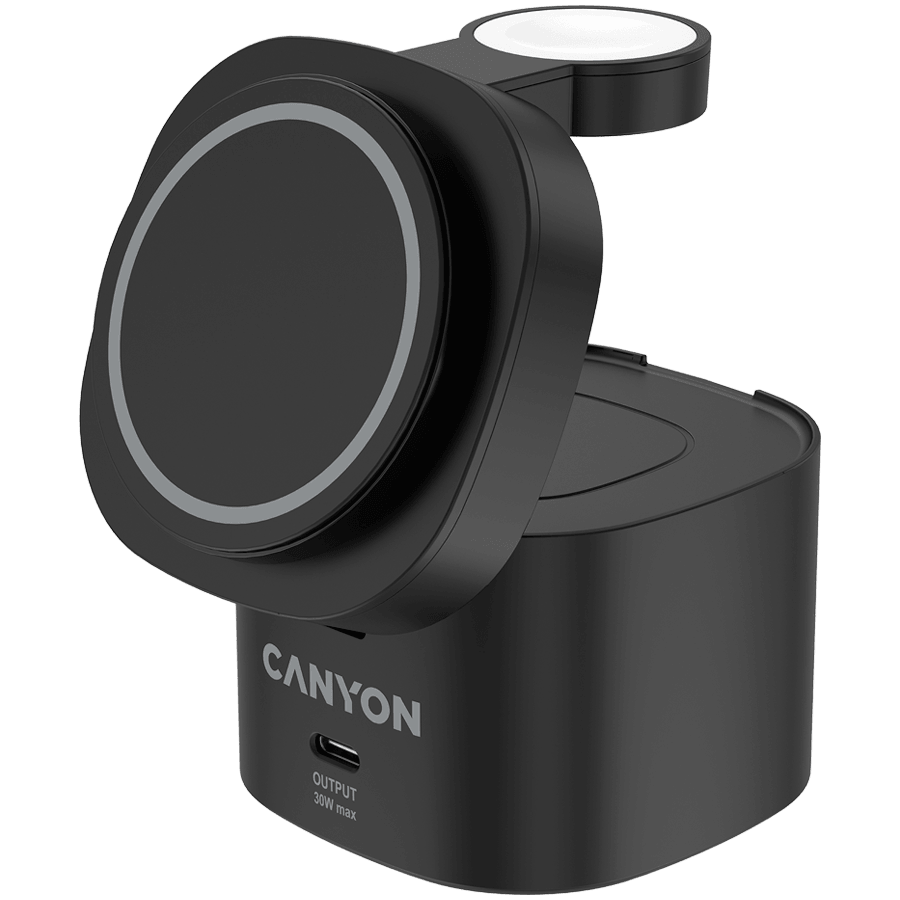 Canyon 4 in 1 Wireless Charging Stand, 30W max, Size: 70x70x70.3mm, weight: 414g, with 65W charger and 1M cable, black