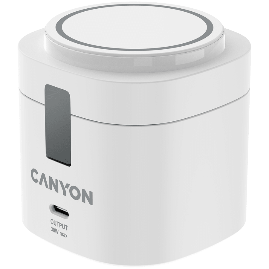 Canyon 4 in 1 Wireless Charging Stand, 30W max, Size: 70x70x70.3mm, weight: 414g, with 65W charger and 1M cable, white