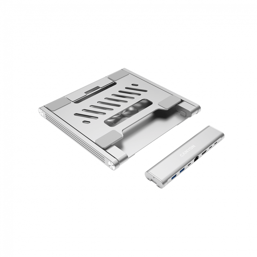 Canyon Laptop stands with hub, TYPE C F to HDMI2.0+2USB3.0+USBC3.0+RJ45+PD, TYEP C TO C cable 1m white with Emarker: HUSB332A, Material: Aluminum case+ABS+PS, Size: 245x240x27.2+/-0.3mm, Weight:1304g