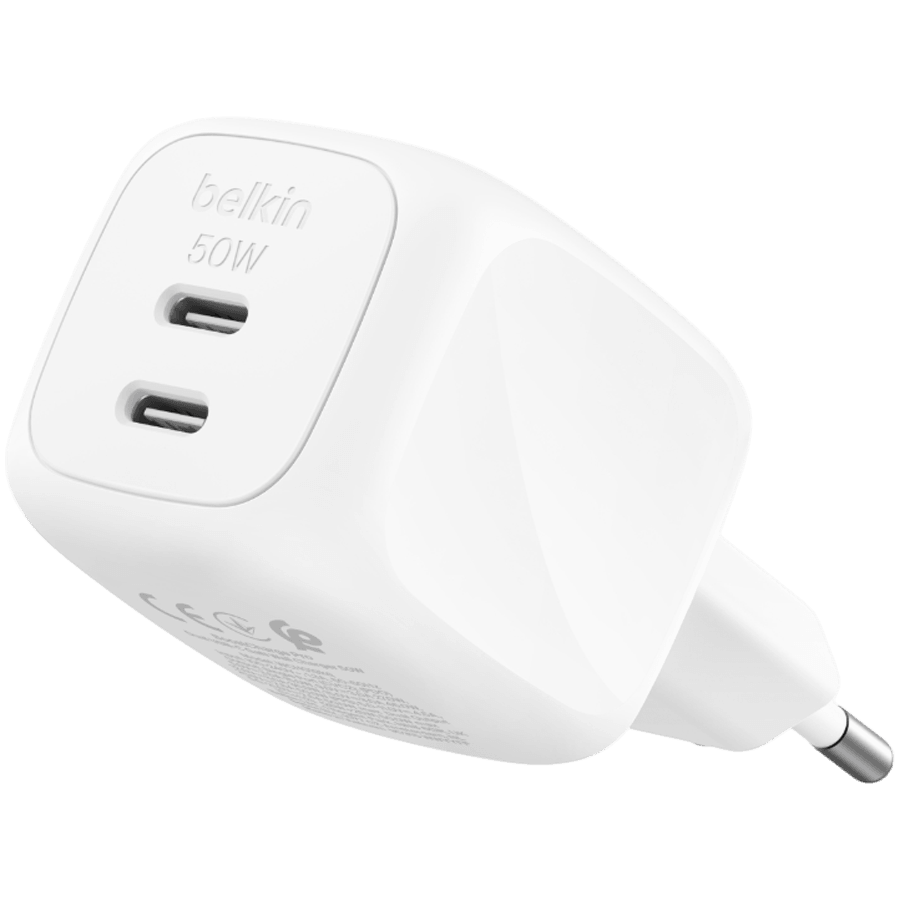 BELKIN 50w Dual USB-C PD wall Charger with PPS, White