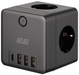 2E Power adapter with surge protection, 3xTypeF, 16A, 2xUSB-A, 1x USB-C, black