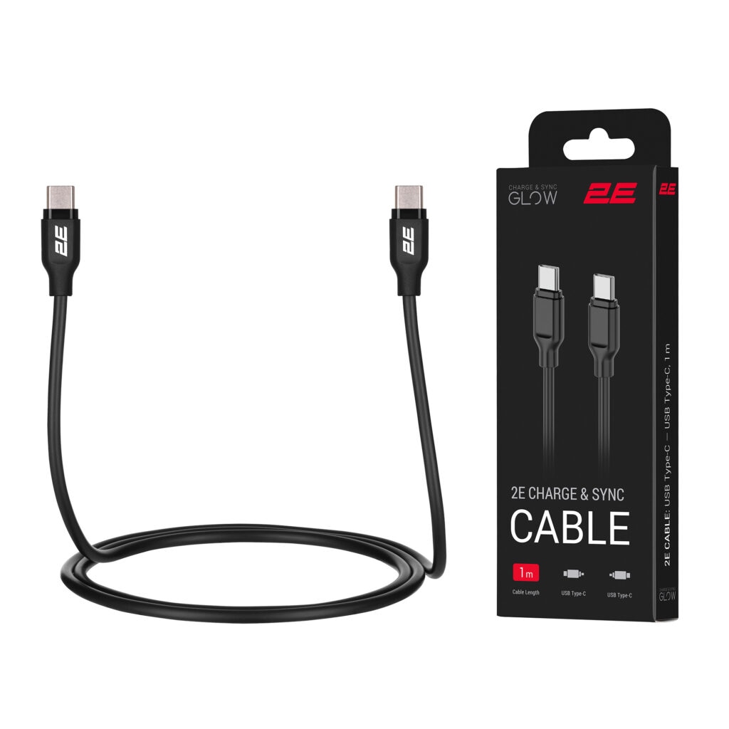 2E Сable USB-C > USB-C charge/data, 1m, 60W Type-C, Glow, black