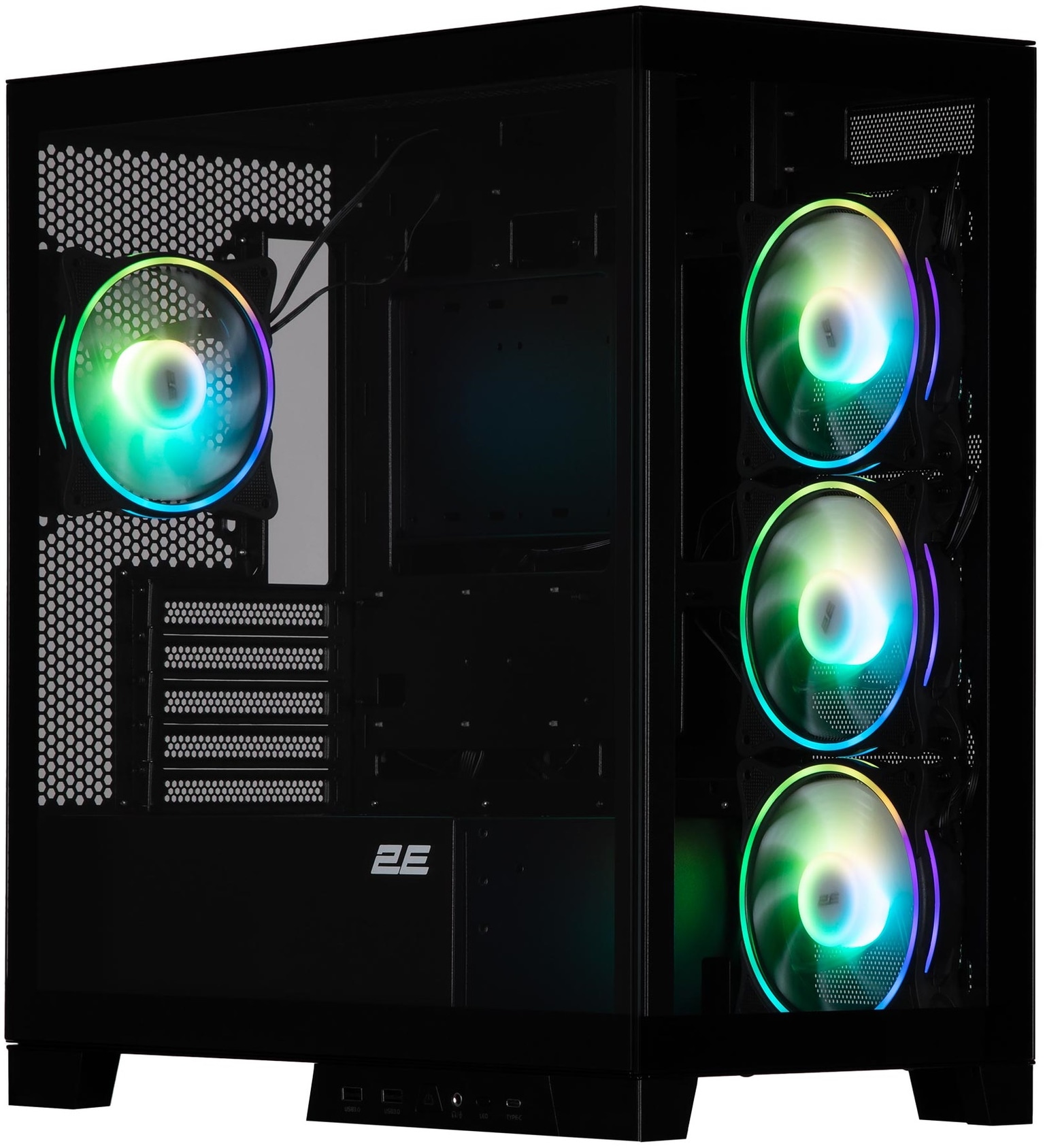 2E Gaming Computer case Fantom GK701B, without PSU, 2xUSB 3.0, 1xUSB Type-C, 4x120mm ARGB, controller with remote, TG Side/Front Panel, mATX, Black