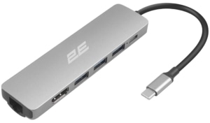 2E Hub USB-С > 2хUSB-A 2.0/USB-A 3.0/USB-C PD/HDMI/Ethernet, 0.15m, silver