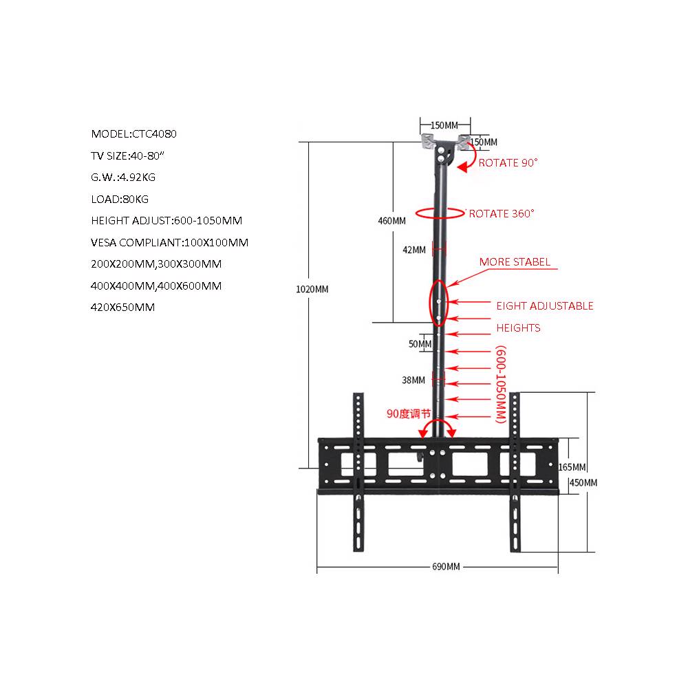 allscreen TV Ceiling Mount Bracket CTC4080 TV SIZE: 42"-80" — 2