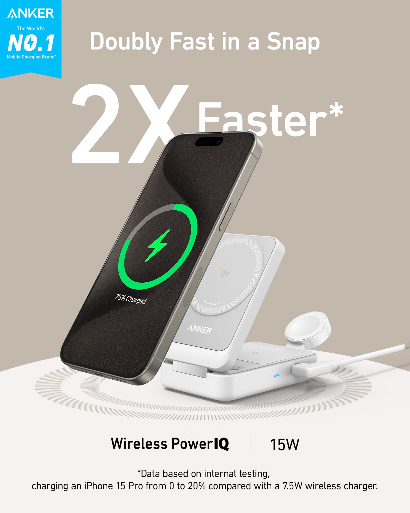 Anker MagGo Qi2 Foldable 3-in-1 Wireless Charging Station 15W White B2557321