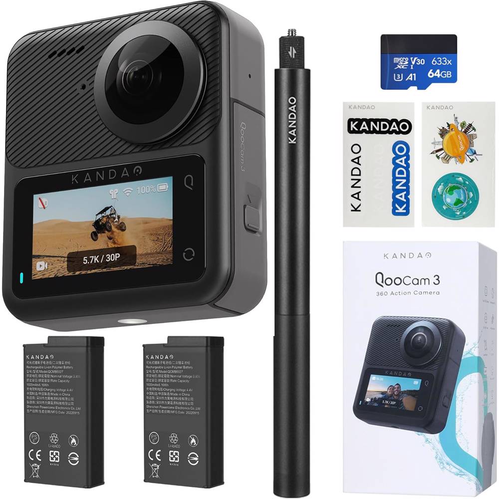 Kandao Q23G-02 QooCam 3, 62MP, 360 Action Camera Travel Combo, Black