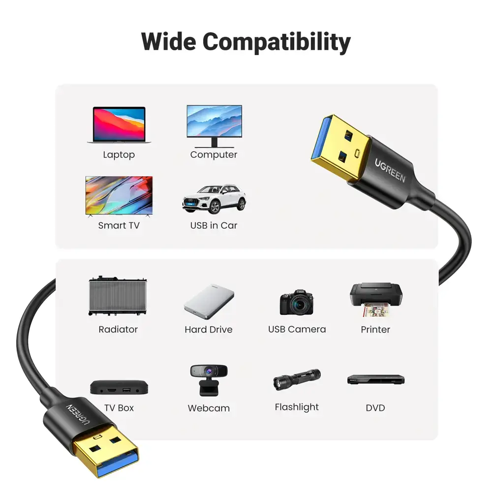 UGREEN US128, USB-A 3.0 Male To Male Cable, 2m, Black — 2