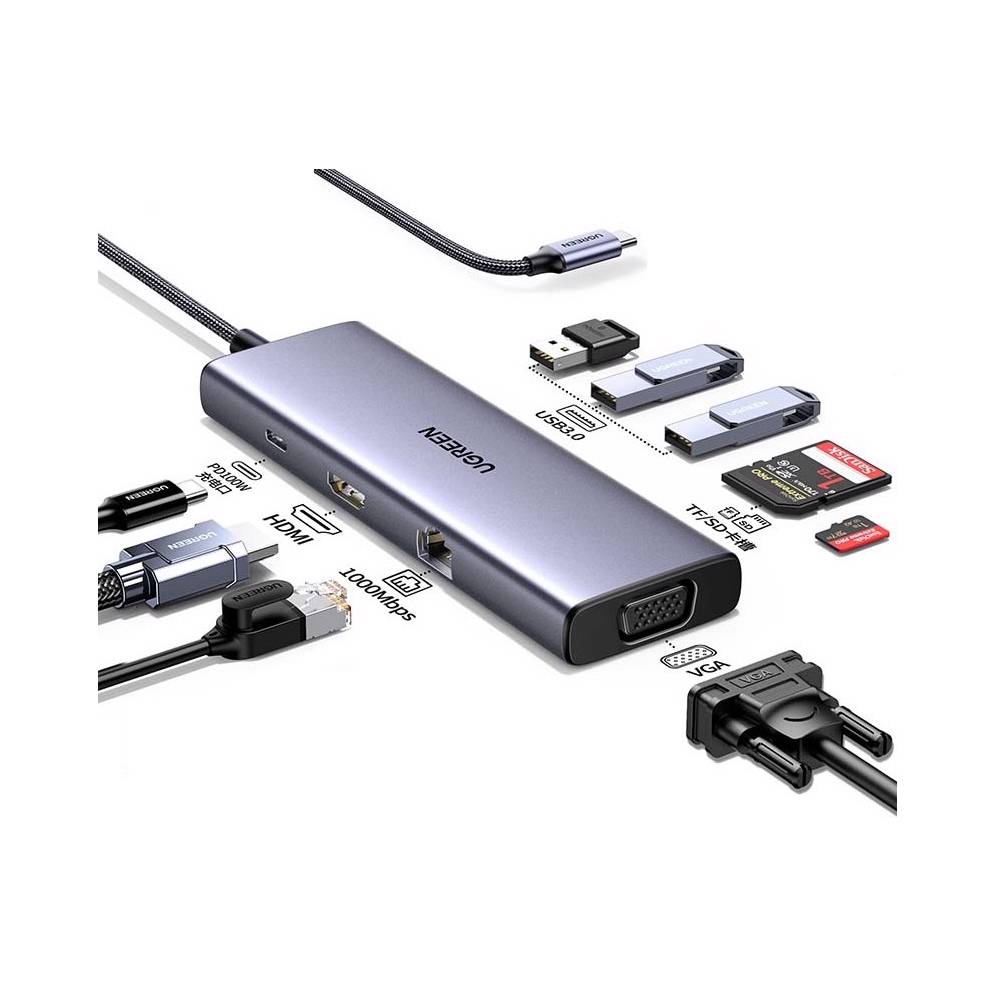 UGREEN CM498, Type-C, USB, HDMI, VGA, RJ45, SD, TF, Hub, Gray