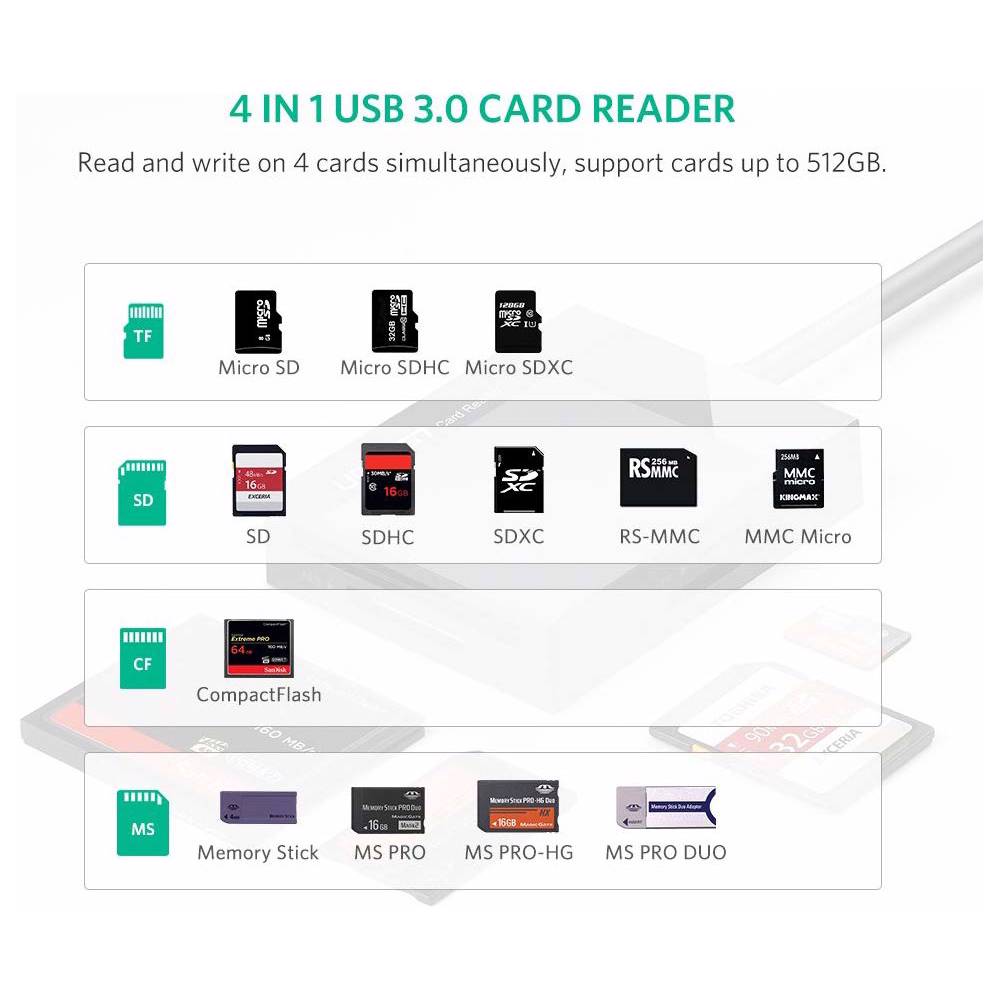 UGREEN CR125, USB 3.0 All In One Card Reader, 0.5m, Black — 2