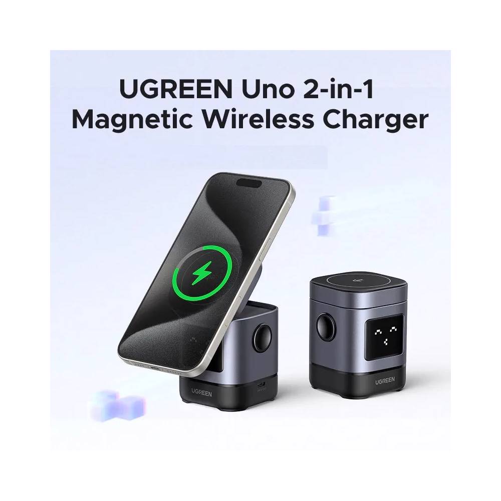 UGREEN Uno W709 Qi2, 15W, 2-in-1 Magnetic Wireless Charger, Black/Grey — 2