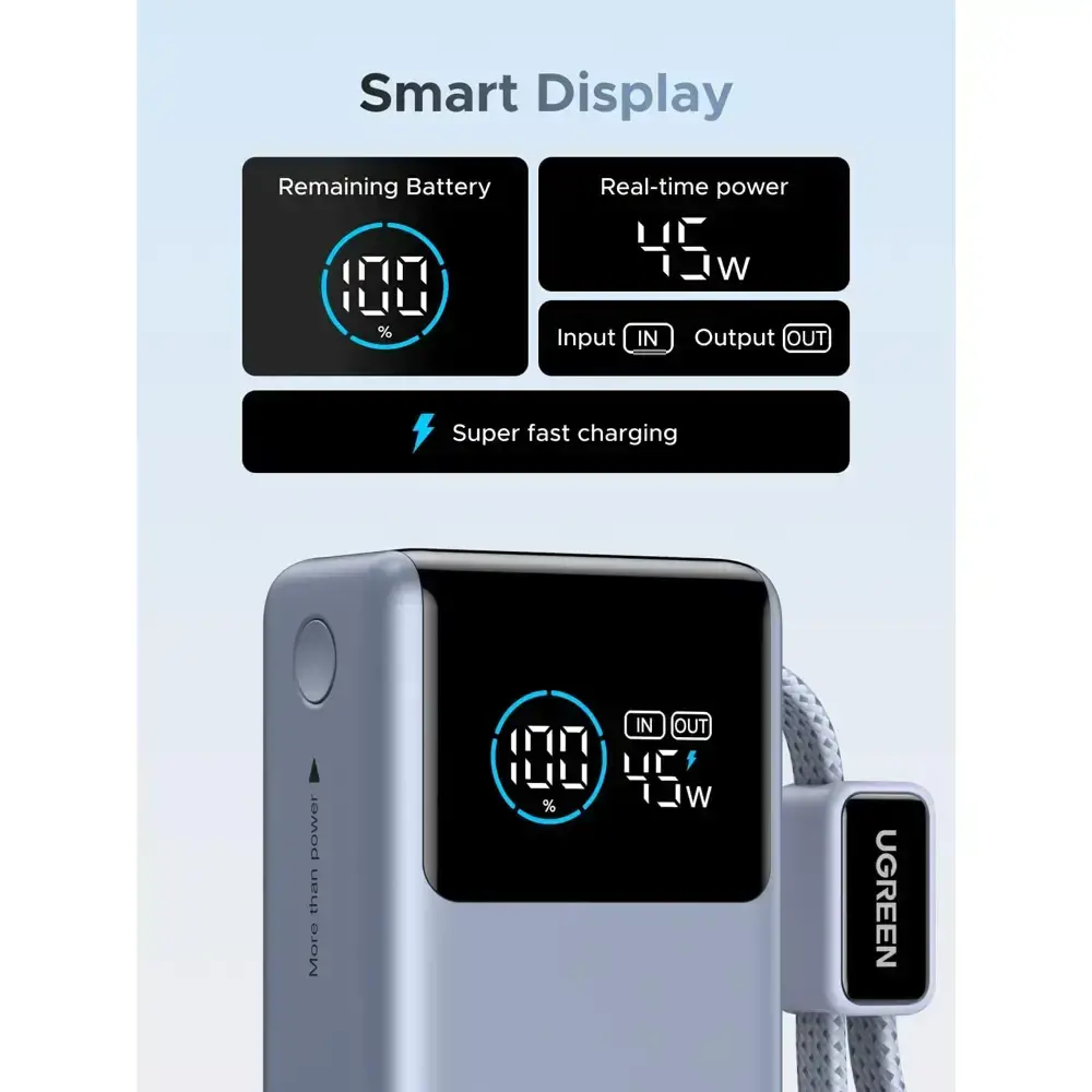 UGREEN PB727 Nexode Pro, 10000mAh, Type-C, USB, Power Bank With Built-in Type-C Cable, Space Gray — 2