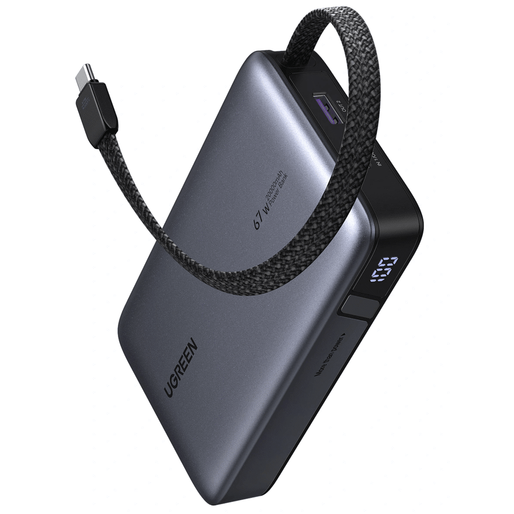 UGREEN PB550 Nexode, 20000mAh, Type-C, USB, Power Bank with Built-in Cable, Grey