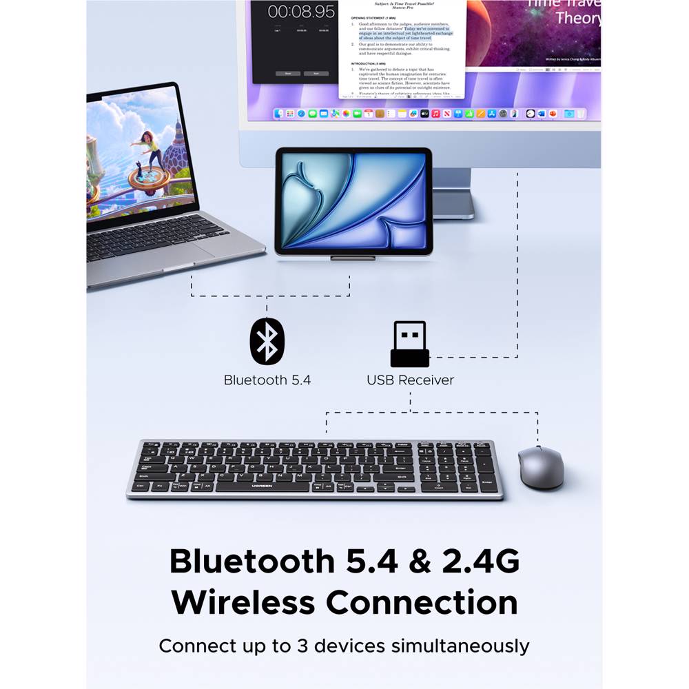 UGREEN MK552, Wireless, USB, Bluetooth, Keyboard And Mouse, Grey — 2