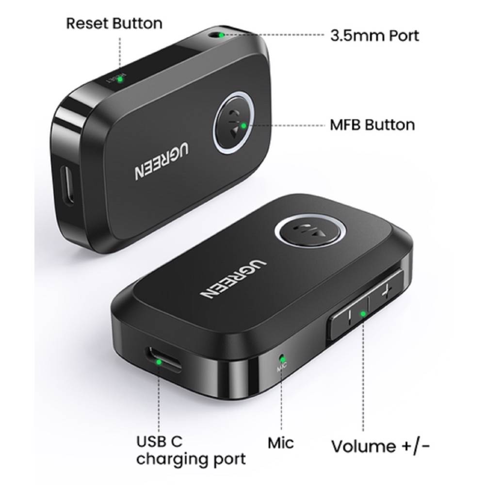 UGREEN CM596, Bluetooth 5.3, AUX, Car Adapter, Black — 2