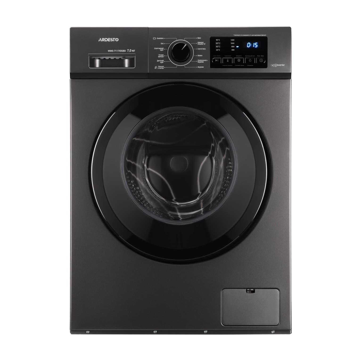 Ardesto Washing machine front load, 7kg, 1200, A+++, 48cm, display, steam, inverter, drum lighting, grey