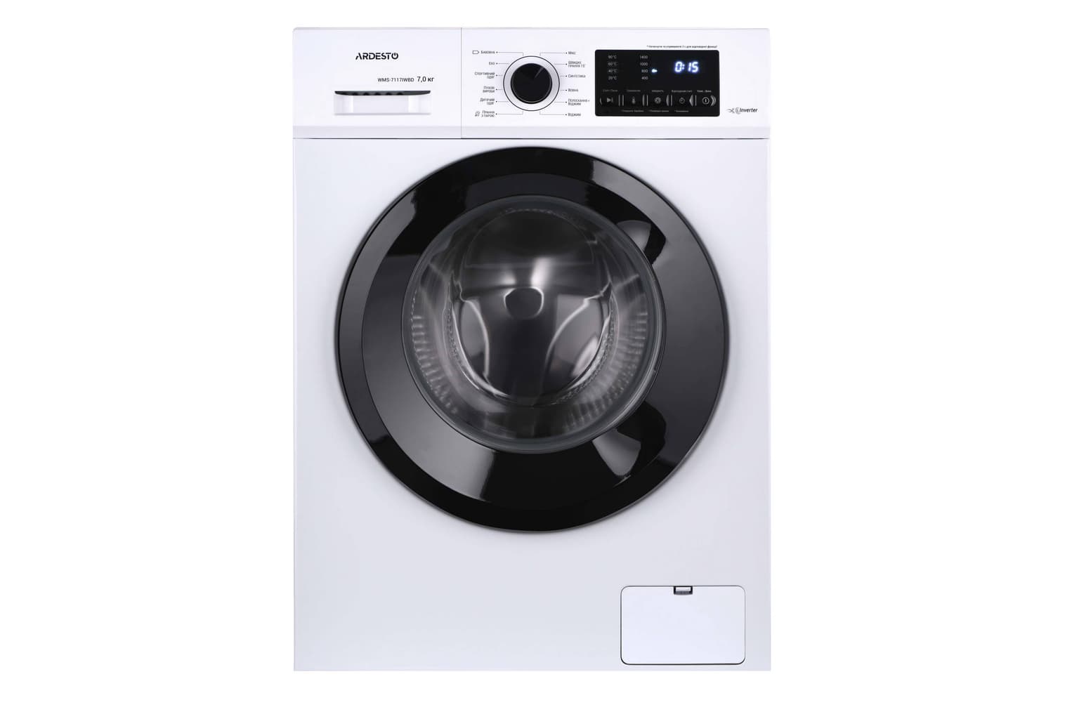 Ardesto Washing machine front load, 7kg, 1200, A+++, 48cm, display, steam, inverter, drum lighting, white