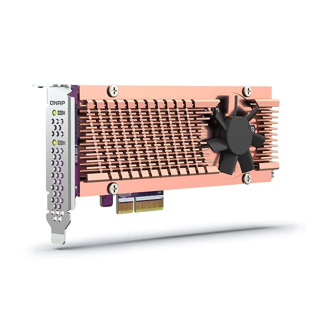 QNAP Dual M.2 PCIe SSD expansion card; supports up to two M.2 2280/22110 formfactor M.2 PCIe (Gen3 x4) SSDs; PCIe Gen3 x4 host interface; Low-profile bracket pre-loaded
