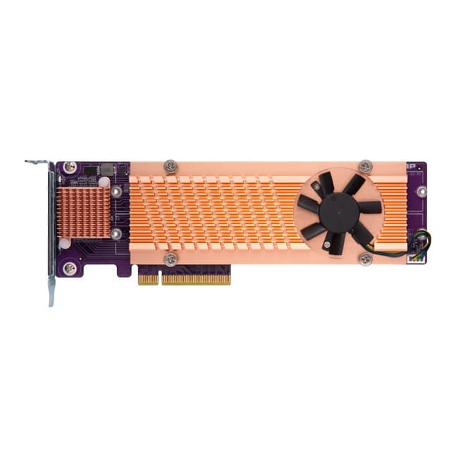 QNAP Quad M.2 PCIe SSD expansion card; supports up to four M.2 2280 formfactor M.2 PCIe (Gen3 x4) SSDs; PCIe Gen3 x8 host interface;